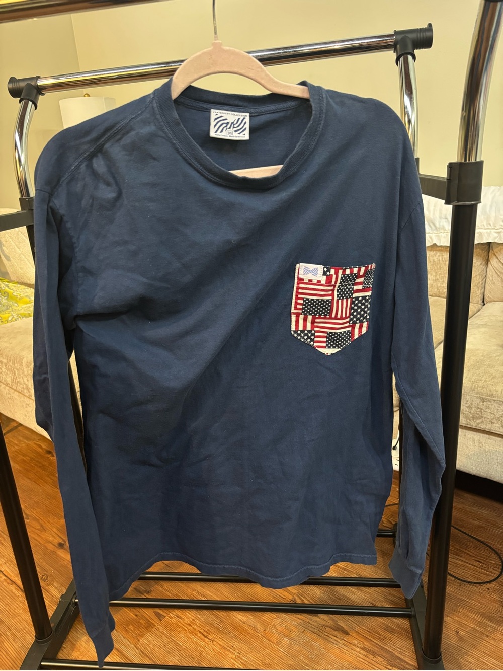 Fraternity collection navy long sleeve pocket tee patriotic American flag pocket